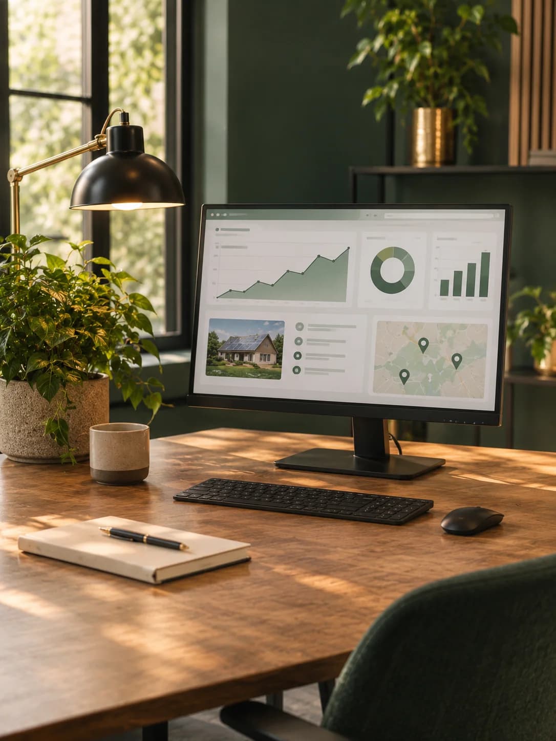 Illustratieve werkplek met een dashboard in een warme groene kantooromgeving